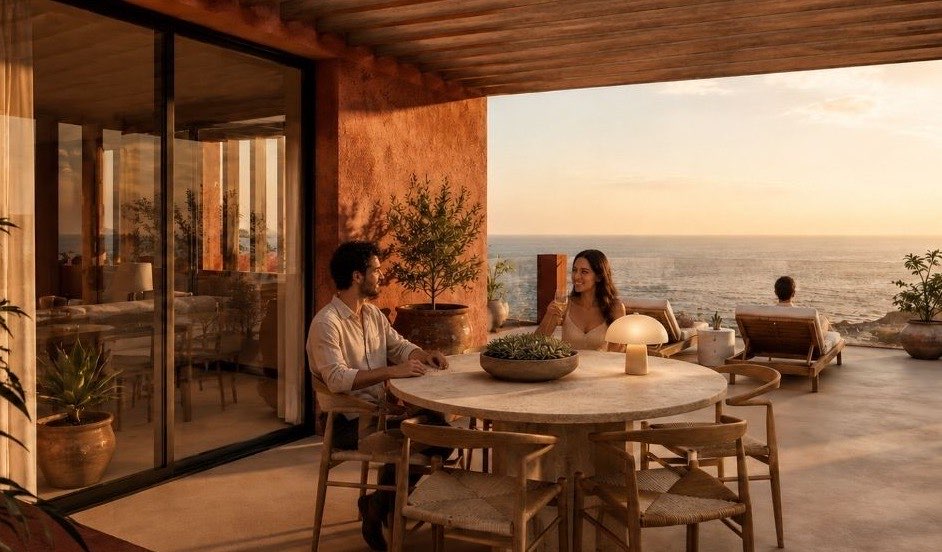 Render della terrazza di un attico di The View al tramonto sull’oceano