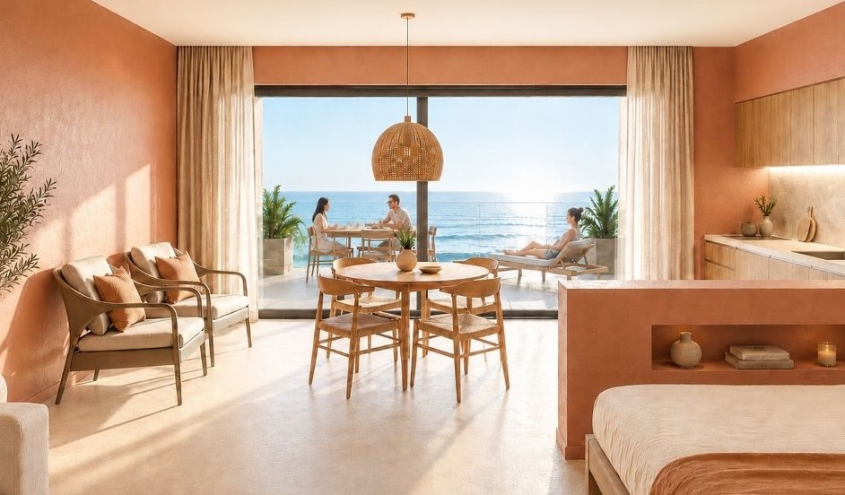 Render di una suite di The View con la vetrata aperta sull’oceano al mattino
