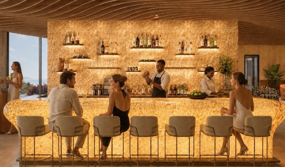 Render del bar di The View illuminato la sera