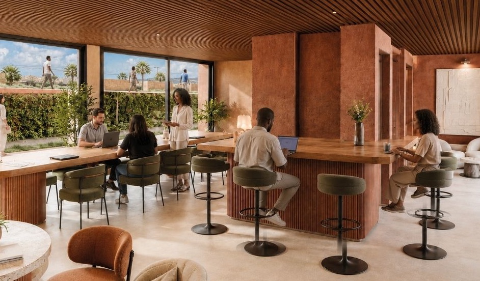Render dello spazio coworking di The View con vetrate sul giardino