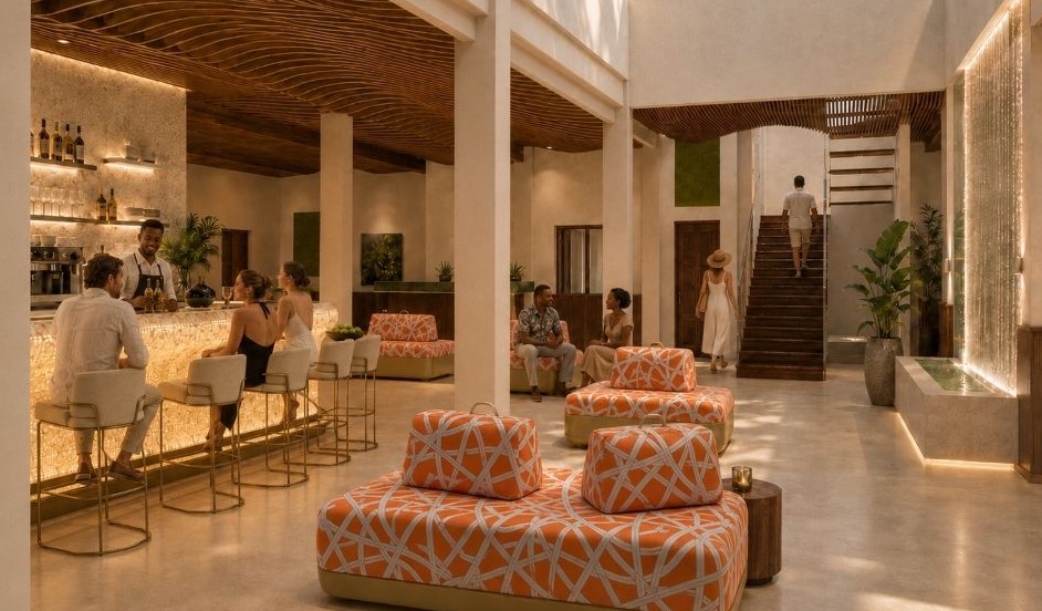 Render della scala principale nella hall di The View