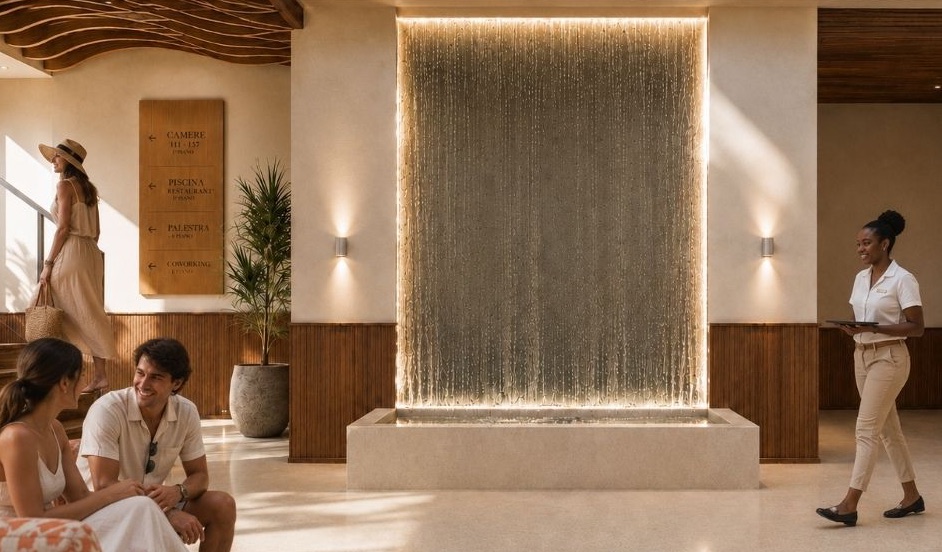 Render della hall di The View con la parete d’acqua