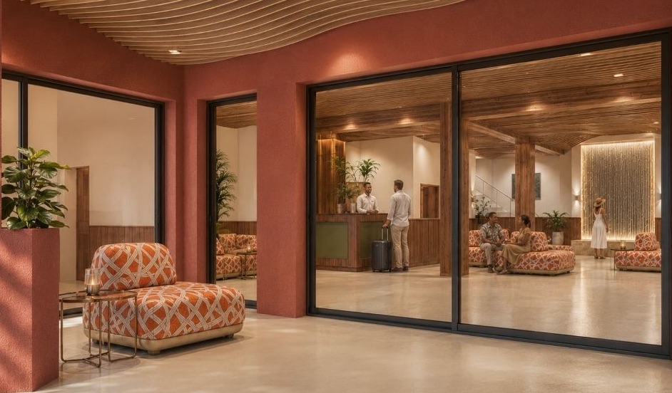 Render dell’ingresso di The View con arredi in tessuto e vetrate